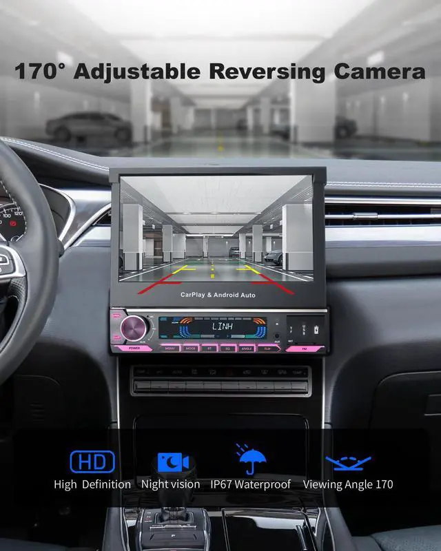 Alt view image 6 of 7 - Single Din Car Stereo with Wireless Apple CarPlay & Android Auto - 7 Inch Motorized Flip Out Touchscreen Bluetooth 5.1 Car Radio | Backup Camera/Mirror Link/USB/AUX/AM/FM/Subwoofer/DSP