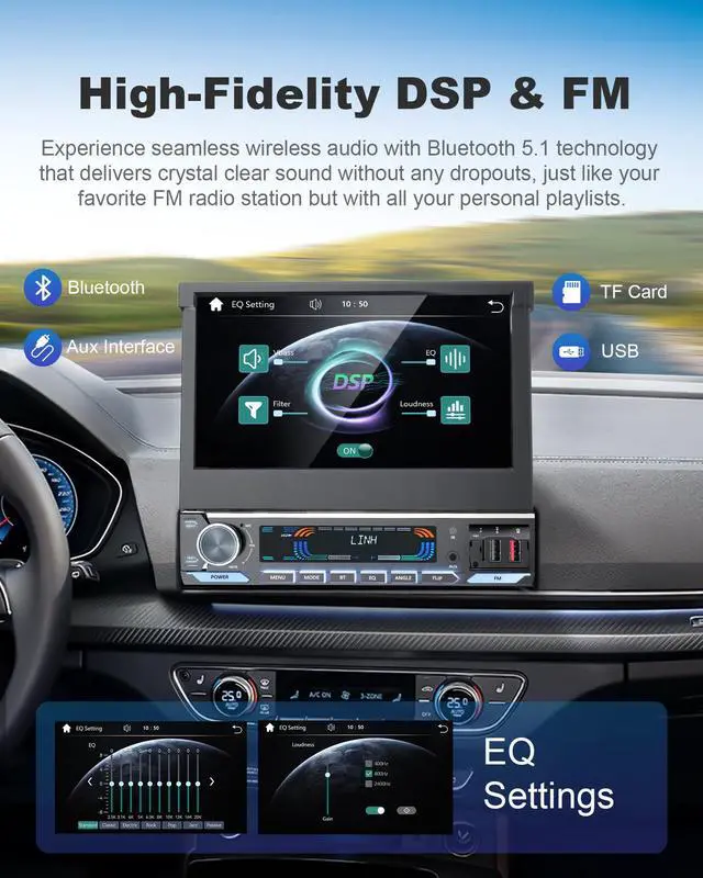 Alt view image 7 of 7 - Single Din Car Stereo with Wireless Apple CarPlay & Android Auto - 7 Inch Motorized Flip Out Touchscreen Bluetooth 5.1 Car Radio | Backup Camera/Mirror Link/USB/AUX/AM/FM/Subwoofer/DSP