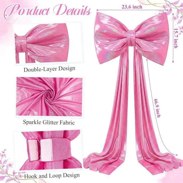 Alt view image 2 of 7 - Large Pink Bow for Coquette Room Decor 70x24 in Glitter Ribbon Tie Coquette Birthday Decorations 3D Stays Stiff Upright Giant Pastel Hot Pink Hanging Wall Decor for Ballerina Birthday & Bedroom