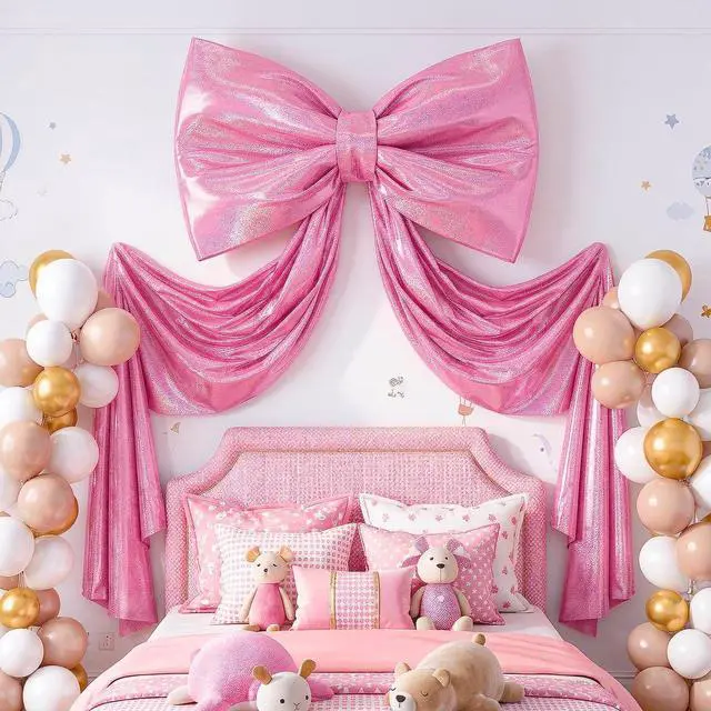 Alt view image 3 of 7 - Large Pink Bow for Coquette Room Decor 70x24 in Glitter Ribbon Tie Coquette Birthday Decorations 3D Stays Stiff Upright Giant Pastel Hot Pink Hanging Wall Decor for Ballerina Birthday & Bedroom