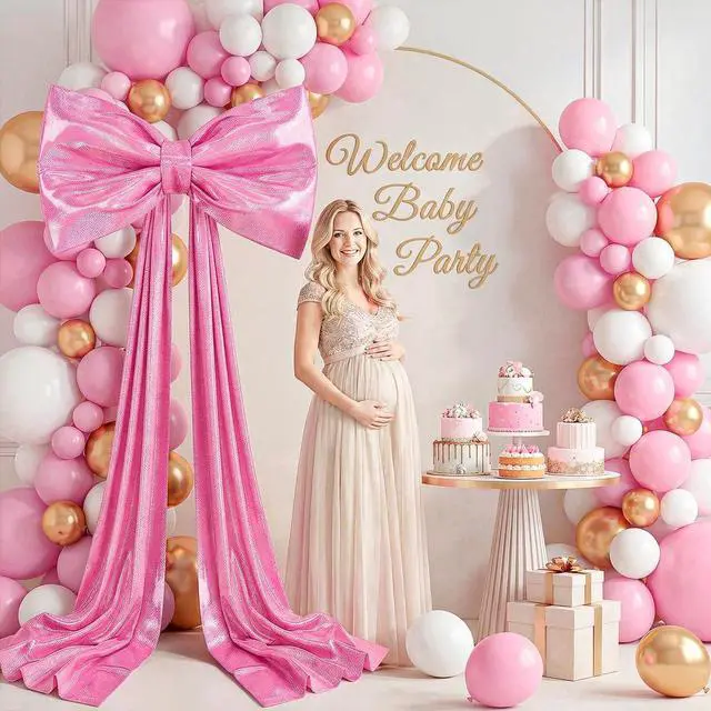 Alt view image 4 of 7 - Large Pink Bow for Coquette Room Decor 70x24 in Glitter Ribbon Tie Coquette Birthday Decorations 3D Stays Stiff Upright Giant Pastel Hot Pink Hanging Wall Decor for Ballerina Birthday & Bedroom
