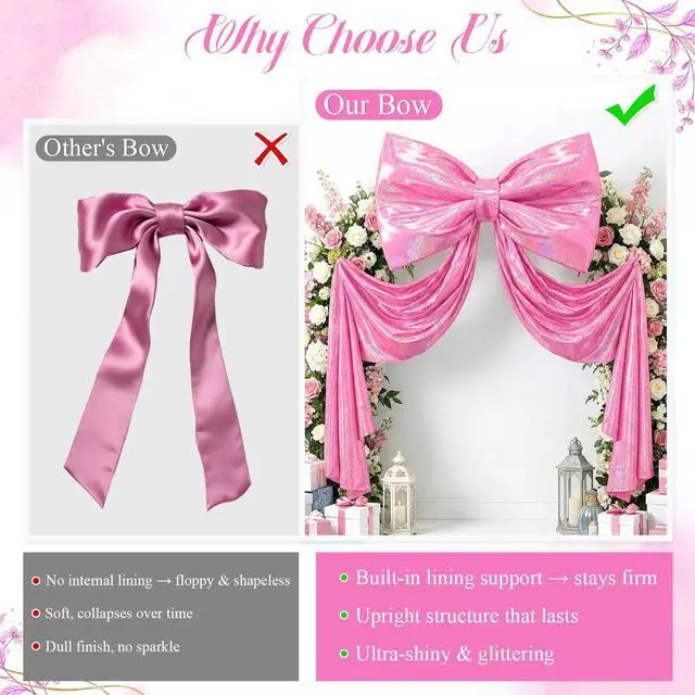 Alt view image 6 of 7 - Large Pink Bow for Coquette Room Decor 70x24 in Glitter Ribbon Tie Coquette Birthday Decorations 3D Stays Stiff Upright Giant Pastel Hot Pink Hanging Wall Decor for Ballerina Birthday & Bedroom