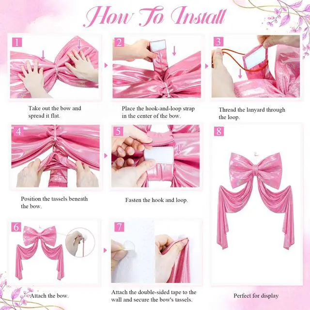 Alt view image 7 of 7 - Large Pink Bow for Coquette Room Decor 70x24 in Glitter Ribbon Tie Coquette Birthday Decorations 3D Stays Stiff Upright Giant Pastel Hot Pink Hanging Wall Decor for Ballerina Birthday & Bedroom