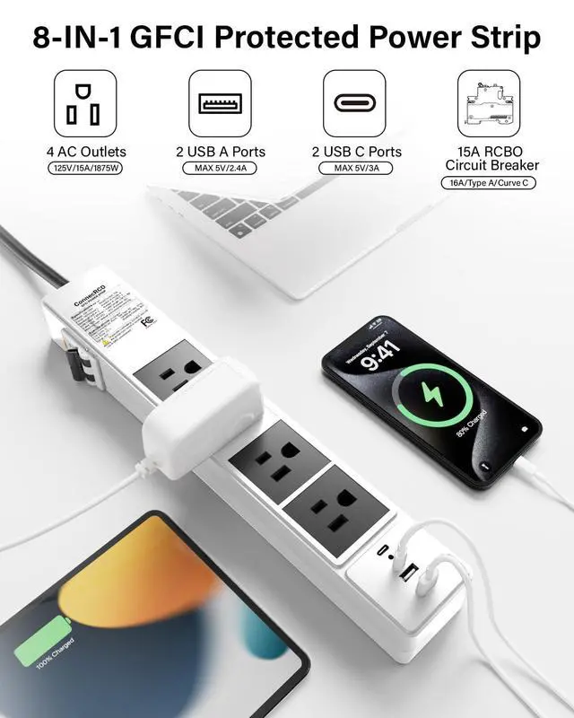 Alt view image 2 of 7 - GFCI Power Strip, 4 Outlets, USB-C & USB-A, 6FT Cord, 15A | Built-in GFCI & Surge Protection for Safe Indoor Power