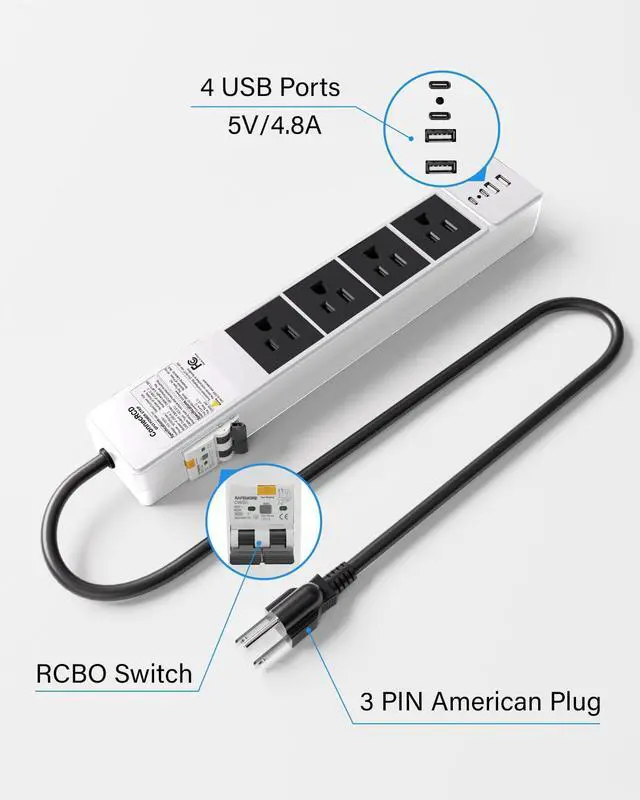 Alt view image 6 of 7 - GFCI Power Strip, 4 Outlets, USB-C & USB-A, 6FT Cord, 15A | Built-in GFCI & Surge Protection for Safe Indoor Power