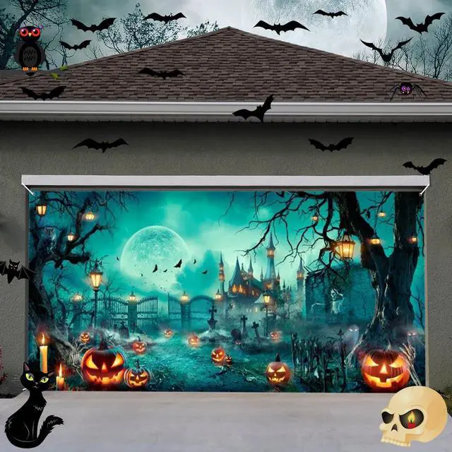 Alt view image 2 of 7 - Halloween Garage Door Decorations Background Large Hanging Backdrop Halloween Garage Wall Decorations Baby Shower Party Indoor Outdoor Decor Banner Cover 16x7ft