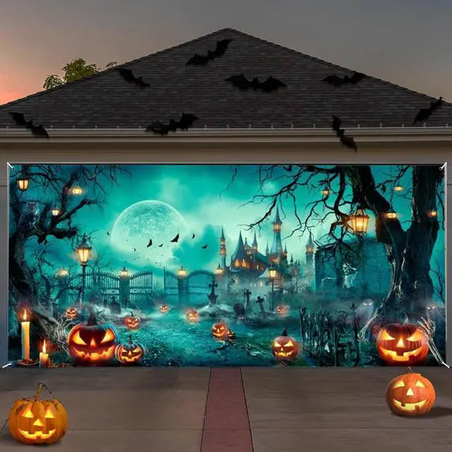 Main image of Halloween Garage Door Decorations Background Large Hanging Backdrop Halloween Garage Wall Decorations Baby Shower Party Indoor Outdoor Decor Banner Cover 16x7ft