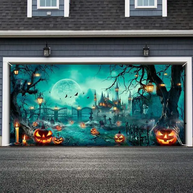 Alt view image 3 of 7 - Halloween Garage Door Decorations Background Large Hanging Backdrop Halloween Garage Wall Decorations Baby Shower Party Indoor Outdoor Decor Banner Cover 16x7ft