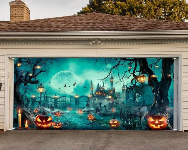 Alt view image 5 of 7 - Halloween Garage Door Decorations Background Large Hanging Backdrop Halloween Garage Wall Decorations Baby Shower Party Indoor Outdoor Decor Banner Cover 16x7ft