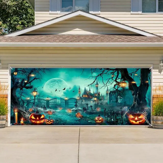 Alt view image 6 of 7 - Halloween Garage Door Decorations Background Large Hanging Backdrop Halloween Garage Wall Decorations Baby Shower Party Indoor Outdoor Decor Banner Cover 16x7ft
