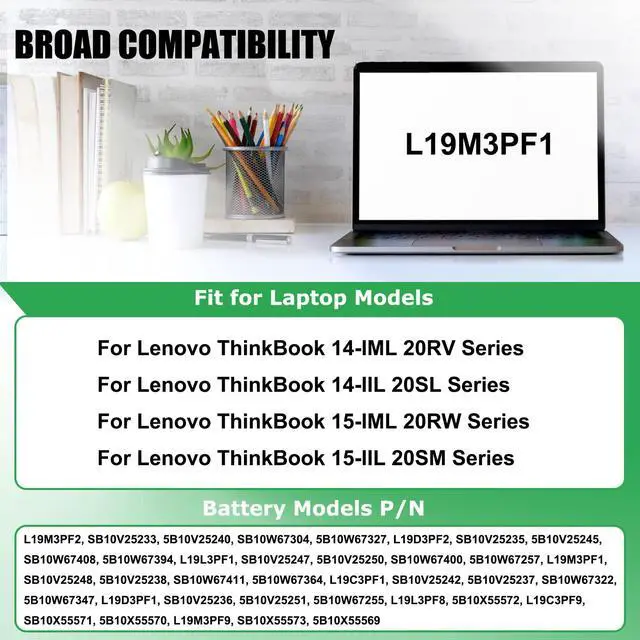 Alt view image 2 of 6 - L19M3PF1 Laptop Battery Replacement for Lenovo ThinkBook 14-IML 20RV 14-IIL 20SL 15-IML 20RW 15-IIL Series Notebook L19C3PF1 L19D3PF1 L19L3PF1 L19M3PF2 L19C3PF9 L19M3PF9 L19L3PF8 L19D3PF2