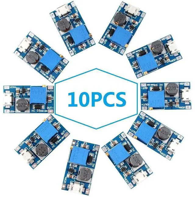 Main image of Eiechip MT3608 Boost Converter DC-DC Step Up Power Module with Micro USB Input, 2V-24V to 5V-28V Adjustable Voltage Regulator, 2A Output Power Supply Board for DIY Electronics Projects (Pack of 10)