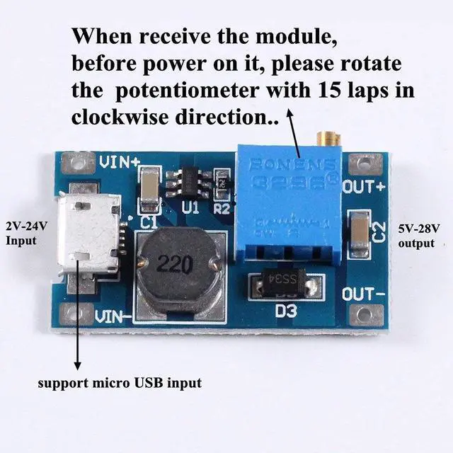 Alt view image 5 of 6 - Eiechip MT3608 Boost Converter DC-DC Step Up Power Module with Micro USB Input, 2V-24V to 5V-28V Adjustable Voltage Regulator, 2A Output Power Supply Board for DIY Electronics Projects (Pack of 10)