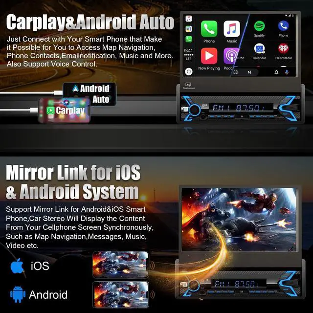 Alt view image 2 of 6 - Single Din Car Stereo Compatible with Apple Carplay & Android Auto, 7 Inch Motorized Flip Out Foldable HD Touchscreen,Backup Camera, with Bluetooth/Mirror Link/Camera/FM/USB/SWC/TF/AUX (Black)