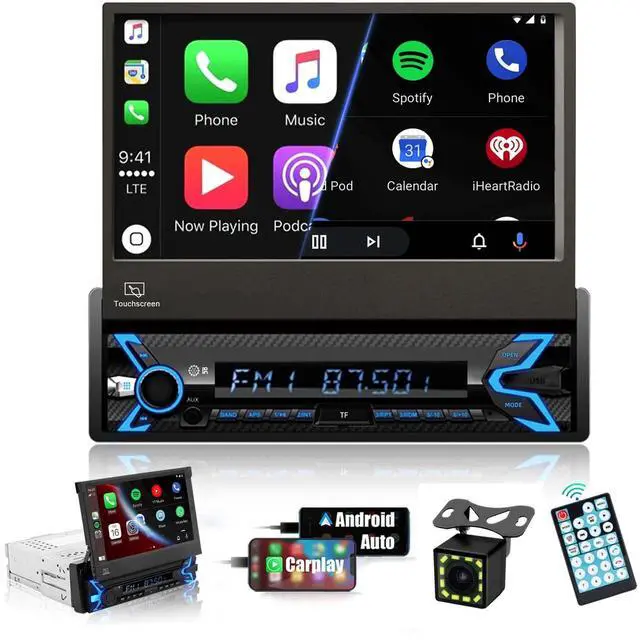 Main image of Single Din Car Stereo Compatible with Apple Carplay & Android Auto, 7 Inch Motorized Flip Out Foldable HD Touchscreen,Backup Camera, with Bluetooth/Mirror Link/Camera/FM/USB/SWC/TF/AUX (Black)