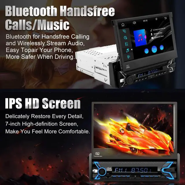 Alt view image 4 of 6 - Single Din Car Stereo Compatible with Apple Carplay & Android Auto, 7 Inch Motorized Flip Out Foldable HD Touchscreen,Backup Camera, with Bluetooth/Mirror Link/Camera/FM/USB/SWC/TF/AUX (Black)