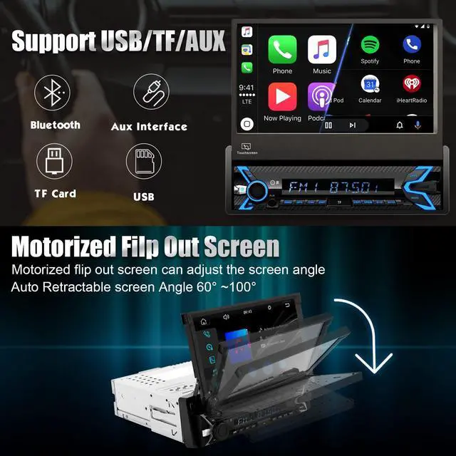 Alt view image 3 of 6 - Single Din Car Stereo Compatible with Apple Carplay & Android Auto, 7 Inch Motorized Flip Out Foldable HD Touchscreen,Backup Camera, with Bluetooth/Mirror Link/Camera/FM/USB/SWC/TF/AUX (Black)
