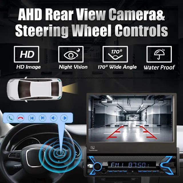 Alt view image 6 of 6 - Single Din Car Stereo Compatible with Apple Carplay & Android Auto, 7 Inch Motorized Flip Out Foldable HD Touchscreen,Backup Camera, with Bluetooth/Mirror Link/Camera/FM/USB/SWC/TF/AUX (Black)