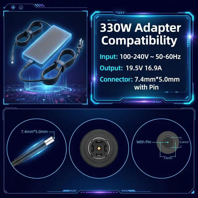 Alt view image 3 of 7 - 330W 7.4mm Tip Laptop Charger, Replacement for Dell Alienware Series | for Alienware M16 M18 R1, M17 R3 R4, X16 X17 R1 R2, Area-51m R1 R2, DA330PM190 DA330PM111 AC Adapter