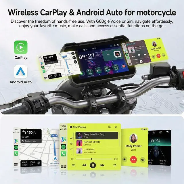 Alt view image 2 of 7 - 7 Inch Motorcycle Carplay Screen with Wireless Carplay Android Auto for Car, IP67 Waterproof Touchscreen, GPS Navigation, Supports Dual Bluetooth Transmission/EQ Sound Control/Voice Control