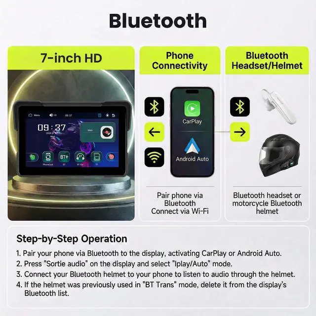 Alt view image 3 of 7 - 7 Inch Motorcycle Carplay Screen with Wireless Carplay Android Auto for Car, IP67 Waterproof Touchscreen, GPS Navigation, Supports Dual Bluetooth Transmission/EQ Sound Control/Voice Control