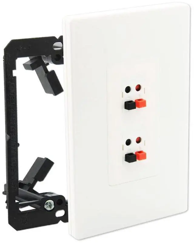 Main image of 2 Port Spring Loaded Speaker Wall Plate with 1 Gang Mounting Bracket Self Closing Banana Plug Terminals, Home Theater Audio Outlet Plate, White Screwless