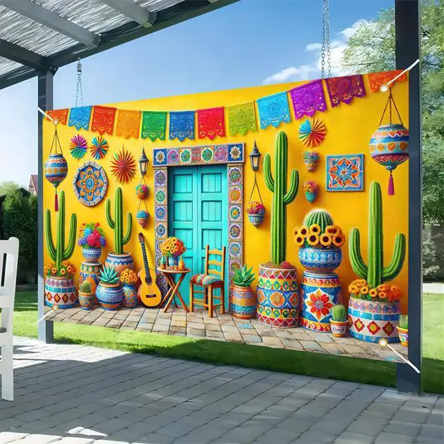 Main image of Mexican Fiesta Backdrop 71x43 in Cinco de Mayo Decor | Mexican Party Background, Cinco de Mayo Wall Banner for Fiesta, Parade and Photo Booth, Cabin House Style