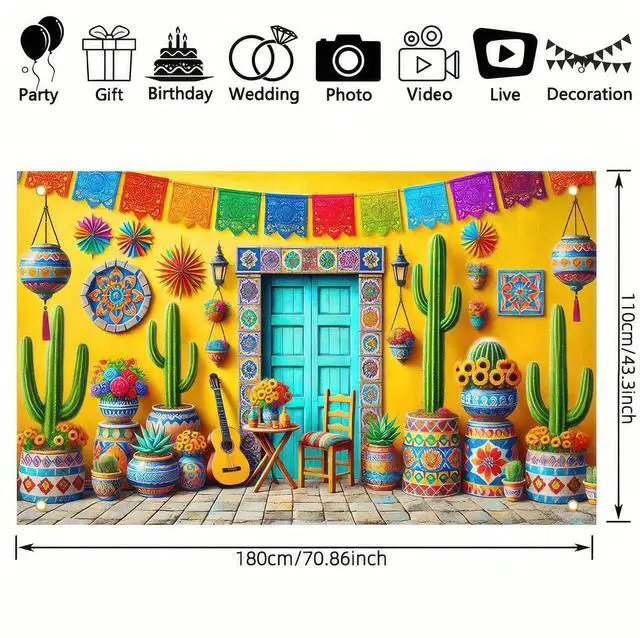 Alt view image 2 of 6 - Mexican Fiesta Backdrop 71x43 in Cinco de Mayo Decor | Mexican Party Background, Cinco de Mayo Wall Banner for Fiesta, Parade and Photo Booth, Cabin House Style