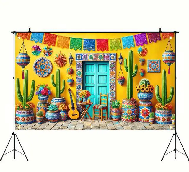 Alt view image 3 of 6 - Mexican Fiesta Backdrop 71x43 in Cinco de Mayo Decor | Mexican Party Background, Cinco de Mayo Wall Banner for Fiesta, Parade and Photo Booth, Cabin House Style