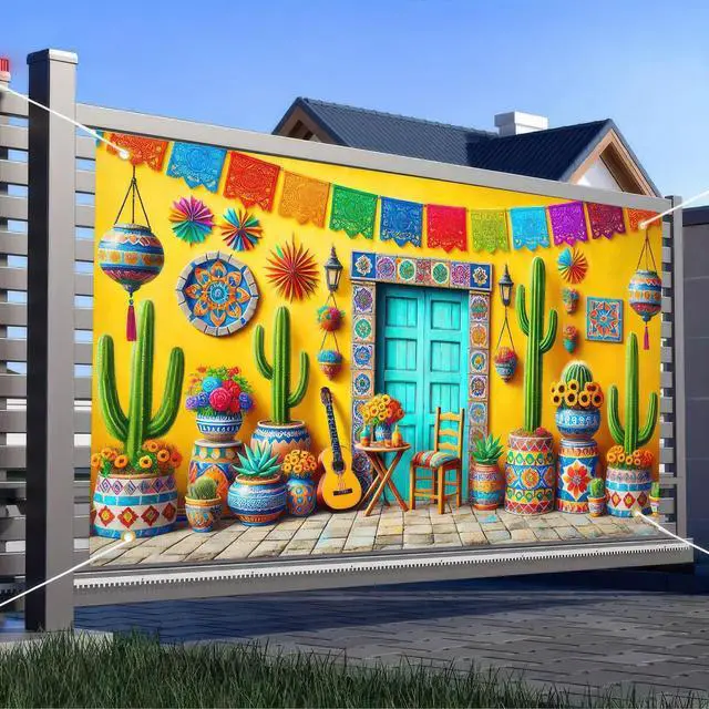 Alt view image 4 of 6 - Mexican Fiesta Backdrop 71x43 in Cinco de Mayo Decor | Mexican Party Background, Cinco de Mayo Wall Banner for Fiesta, Parade and Photo Booth, Cabin House Style