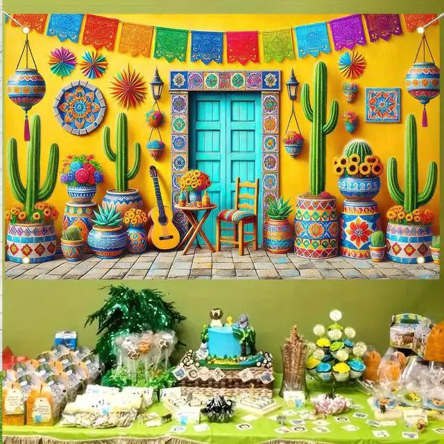 Alt view image 5 of 6 - Mexican Fiesta Backdrop 71x43 in Cinco de Mayo Decor | Mexican Party Background, Cinco de Mayo Wall Banner for Fiesta, Parade and Photo Booth, Cabin House Style