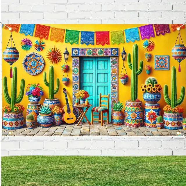 Alt view image 6 of 6 - Mexican Fiesta Backdrop 71x43 in Cinco de Mayo Decor | Mexican Party Background, Cinco de Mayo Wall Banner for Fiesta, Parade and Photo Booth, Cabin House Style
