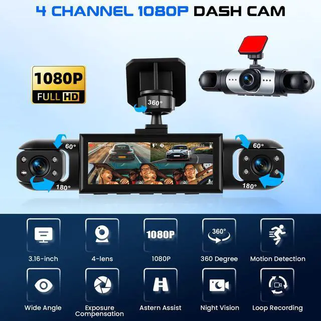 Alt view image 2 of 7 - 4 Channel Dash Cam 360° View, 1080P Front and Rear Left Right Inside 3.16 Inch Dash Camera for Cars, 8 IR Lamps Night Vision Camera for Cars 24H Parking Mode, Loop Recording