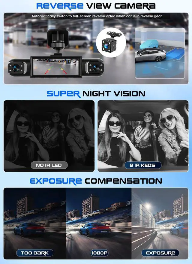 Alt view image 4 of 7 - 4 Channel Dash Cam 360° View, 1080P Front and Rear Left Right Inside 3.16 Inch Dash Camera for Cars, 8 IR Lamps Night Vision Camera for Cars 24H Parking Mode, Loop Recording