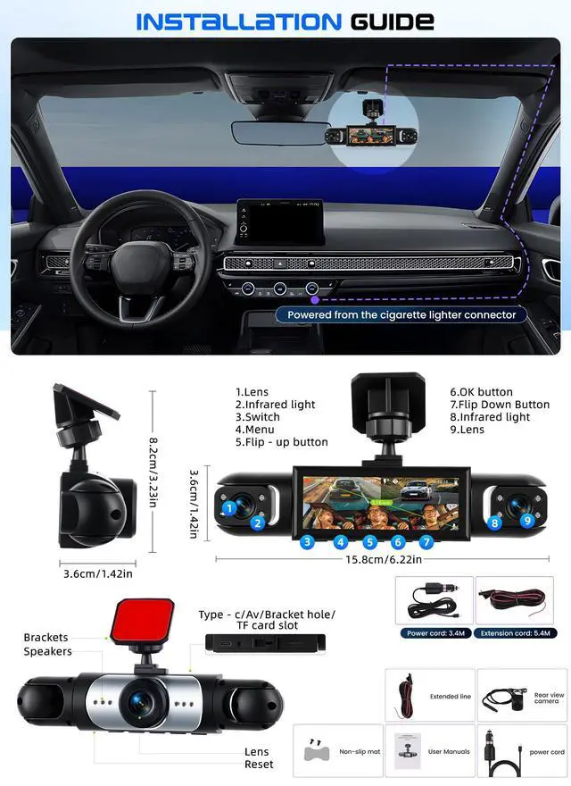 Alt view image 6 of 7 - 4 Channel Dash Cam 360° View, 1080P Front and Rear Left Right Inside 3.16 Inch Dash Camera for Cars, 8 IR Lamps Night Vision Camera for Cars 24H Parking Mode, Loop Recording