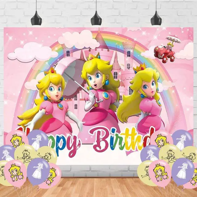 Main image of Princess Peach Birthday Decorations, Princess Happy Birthday Banner Backdrop for Party Supplies (5x3ft), Pink