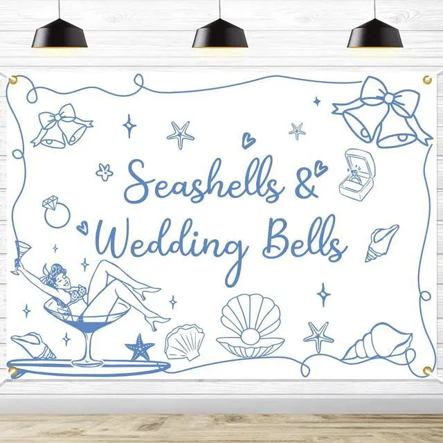 Main image of Seashells & Wedding Bells Backdrop Banner - Coastal Bachelorette Party Decorations, Coastal Wedding Party Photo Backdrop, Beach Theme Bachelorette Party Decor,7 * 5ft