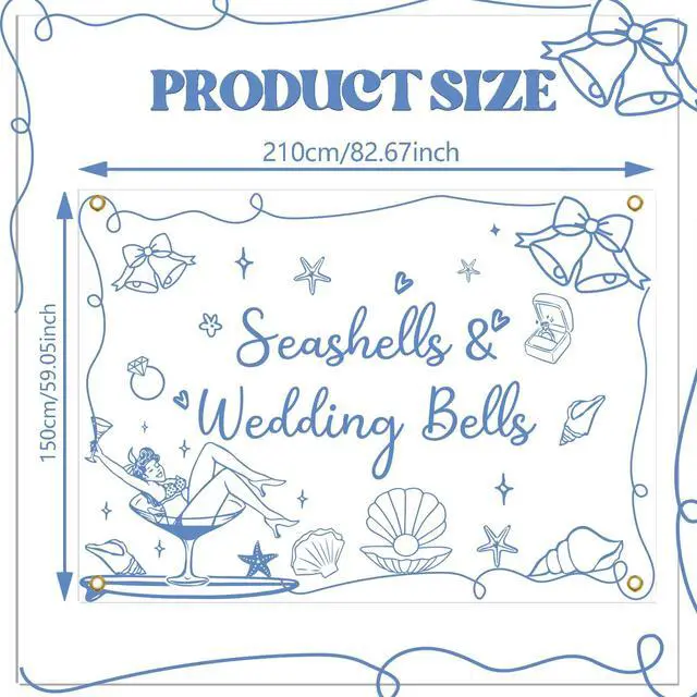 Alt view image 2 of 6 - Seashells & Wedding Bells Backdrop Banner - Coastal Bachelorette Party Decorations, Coastal Wedding Party Photo Backdrop, Beach Theme Bachelorette Party Decor,7 * 5ft