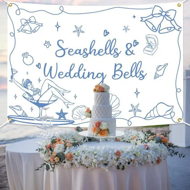 Alt view image 4 of 6 - Seashells & Wedding Bells Backdrop Banner - Coastal Bachelorette Party Decorations, Coastal Wedding Party Photo Backdrop, Beach Theme Bachelorette Party Decor,7 * 5ft