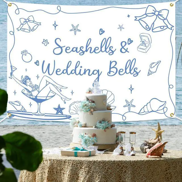 Alt view image 5 of 6 - Seashells & Wedding Bells Backdrop Banner - Coastal Bachelorette Party Decorations, Coastal Wedding Party Photo Backdrop, Beach Theme Bachelorette Party Decor,7 * 5ft