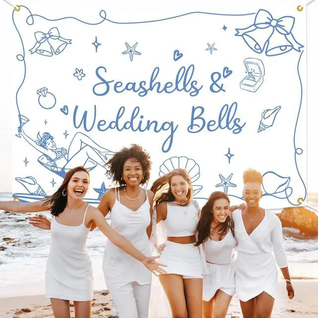 Alt view image 6 of 6 - Seashells & Wedding Bells Backdrop Banner - Coastal Bachelorette Party Decorations, Coastal Wedding Party Photo Backdrop, Beach Theme Bachelorette Party Decor,7 * 5ft