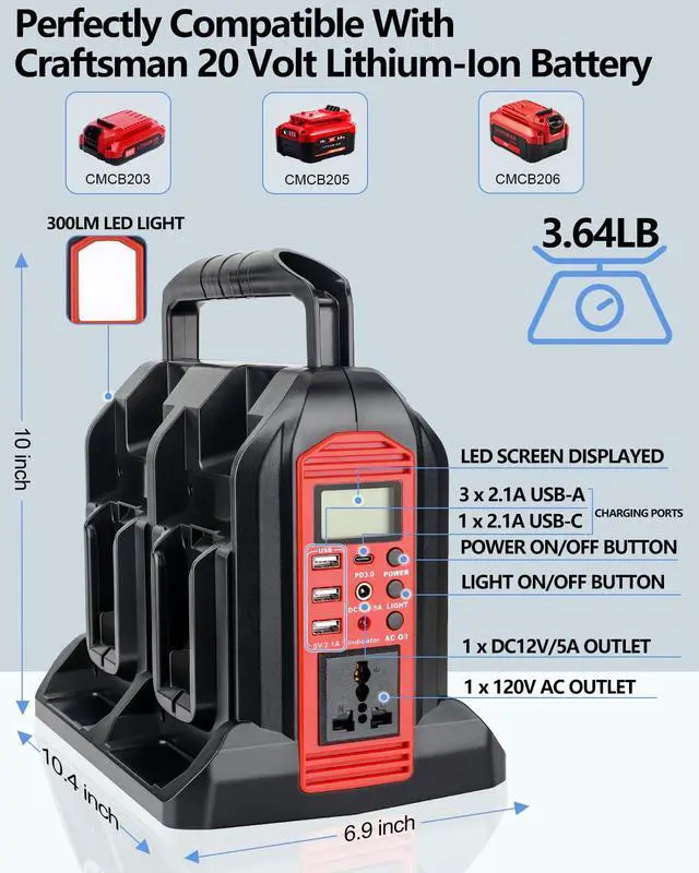 Alt view image 2 of 7 - 350W Power Inverter for Craftsman 20v V20 Battery, 4-Ports DC 20V to AC 110-120V Pure Sine Wave Battery Inverter with 3 USB-A Port, 1 USB-C Port,300lm LED Light for Camping Travel Emergency(Tool Only)