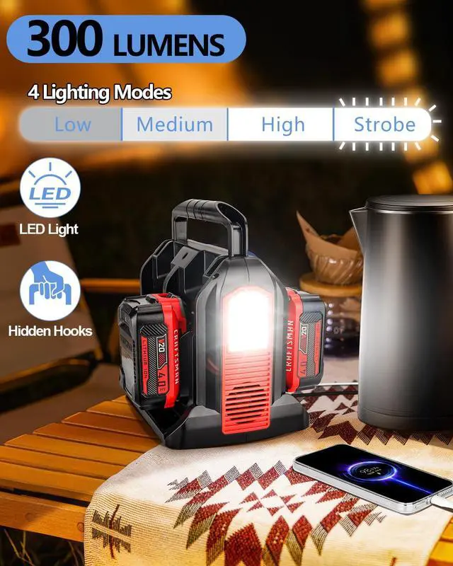 Alt view image 6 of 7 - 350W Power Inverter for Craftsman 20v V20 Battery, 4-Ports DC 20V to AC 110-120V Pure Sine Wave Battery Inverter with 3 USB-A Port, 1 USB-C Port,300lm LED Light for Camping Travel Emergency(Tool Only)