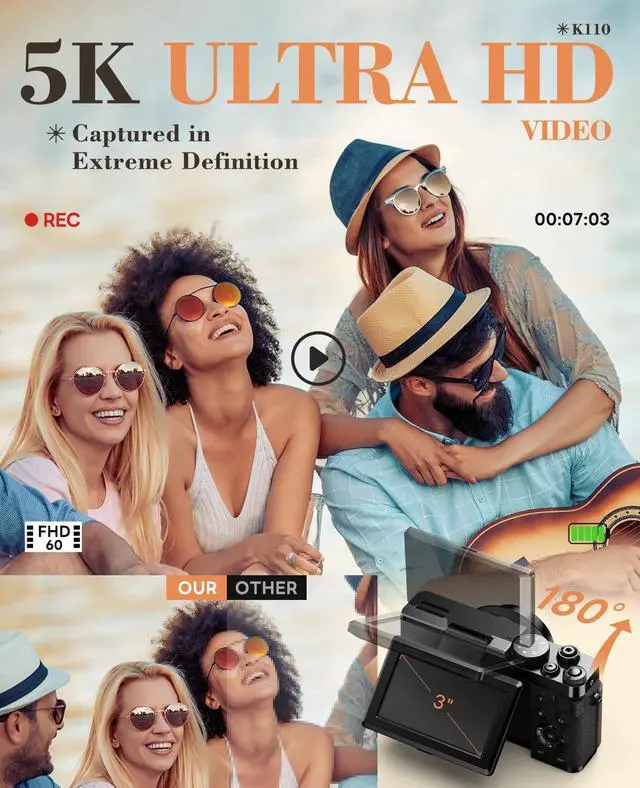 Alt view image 2 of 7 - True 5K 64MP Digital Camera for Photography, Autofocus 18X Zoom, 3'' 180° Flip Screen, Comes with 64GB TF Card & 2 Batteries, Compact Travel Vlogging Camera for YouTube Beginners (Black)
