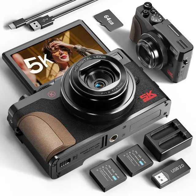 Main image of True 5K 64MP Digital Camera for Photography, Autofocus 18X Zoom, 3'' 180° Flip Screen, Comes with 64GB TF Card & 2 Batteries, Compact Travel Vlogging Camera for YouTube Beginners (Black)