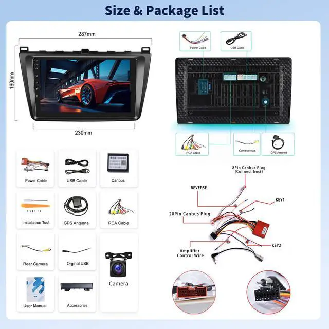Alt view image 3 of 7 - 2+64G Android 13 Car Stereo Radio for Mazda 6 2007-2012 Apple Carplay Android Auto GPS Navigation Mirror Link 9 inch Touch Screen FM RDS Bluetooth WiFi SWC +AHD Camera & MIC