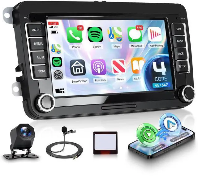 Main image of 4G+64G Android Car Stereo for VW Golf MK5 MK6 Passat Jetta Tiguan T5 EOS Polo with Wireless CarPlay Android Auto, 7 Inch Touchscreen Car Radio GPS WiFi SWC Bluetooth 32EQ Backup Camera