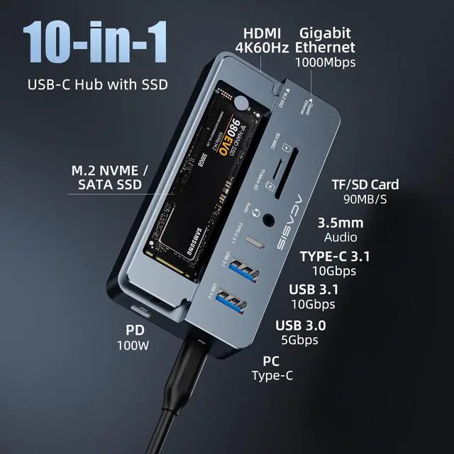Alt view image 2 of 5 - USB C Laptop Docking Station HDMI 4K60Hz with Nvme Enclosure, 10-in-1 USB C Hub Multiport Adapter with HDMI, PD, Ethernet, SD/TF, 10G USB C/A Ports, Audio, Works for Mac/Dell/HP/Surface