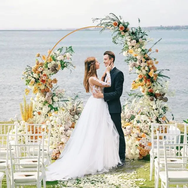 Alt view image 5 of 7 - Metal Round Backdrop Stand Balloon Arch Kit - 6.5ft(2m) Golden Circle Backdrop Stand for Birthday Party Wedding Graduation Photo Background Garden Plants Climbing Vines Decoration