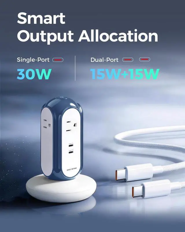 Alt view image 3 of 7 - Power Strip Tower with 2 USB-C Ports (30W Fast Charing), 1420J Surge Protector, 4 AC Outlets, 6.6FT Extension Cord with Overload Protection, 1875W/15A Charging Station for Home Office Desk